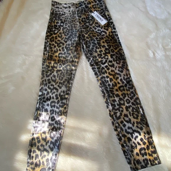 L'AGENCE Margot Metallic Foil Coated Leopard Print High Rise Crop Skinny…